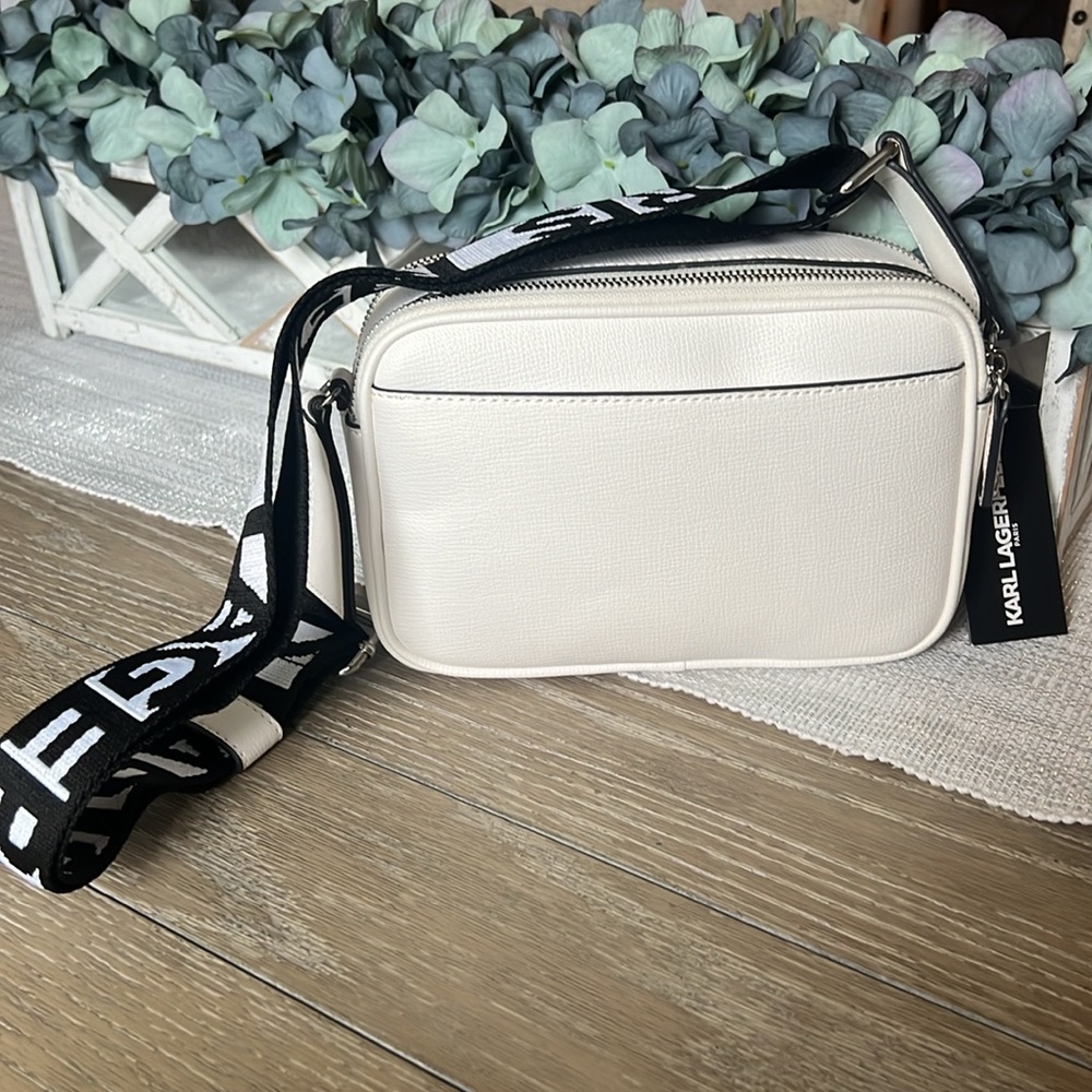 Karl Lagerfeld White Crossbody camera bag + guitar Strap Silver Hardware Dustbag - Picture 5 of 10